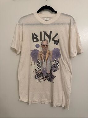 Anine Bing Cream Graphic Tee with Purple and Black Details
